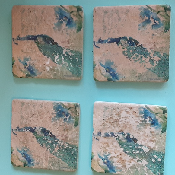 Peacock Image on 4"x4" natural stone coaster, set, walnut holder, cream blu/gr - Picture 3 of 14